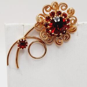 Vintage Red Rhinestone Flower Brooch Gold Plated Scroll Design 2.25"